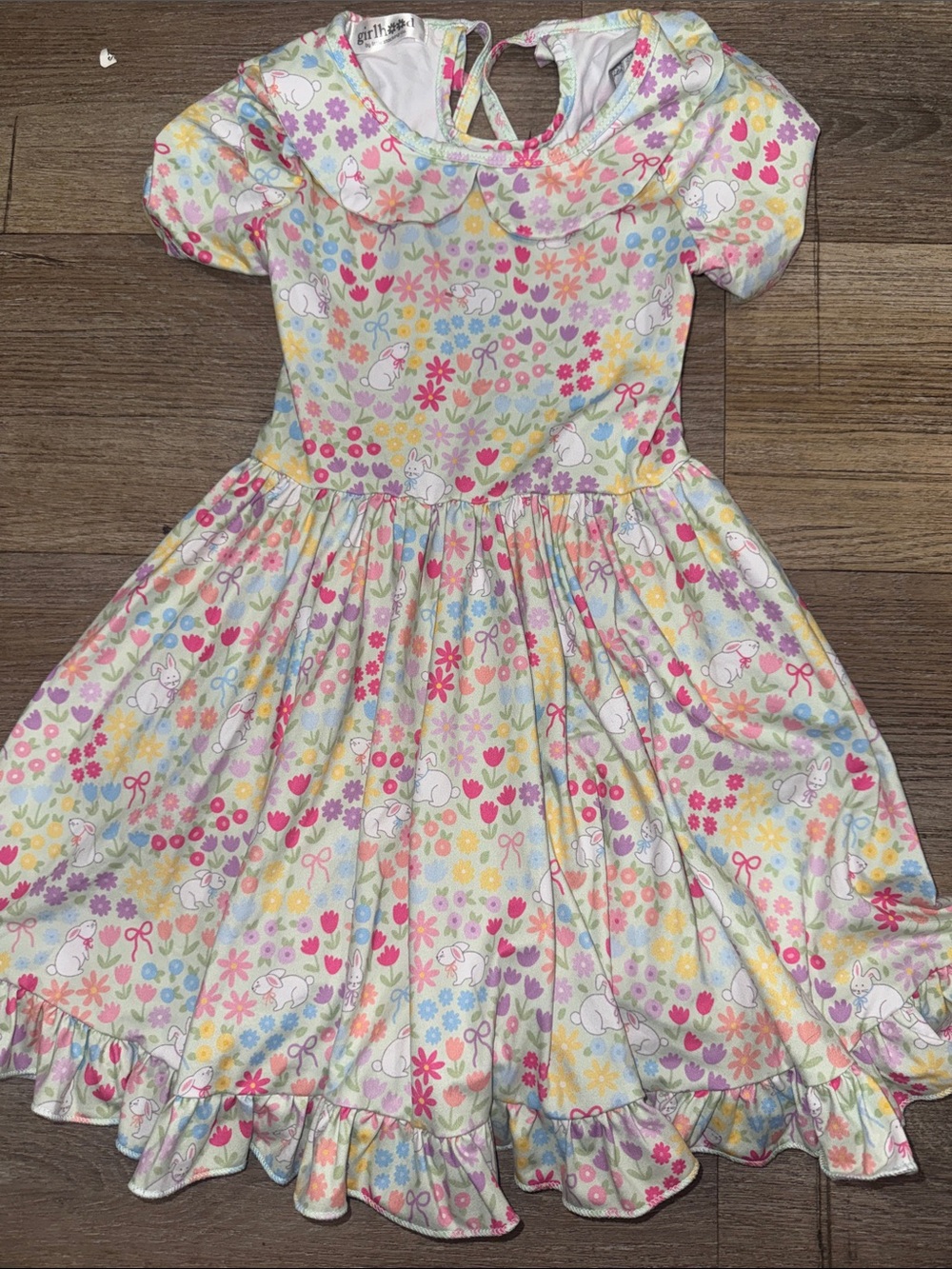 Girls Pastel Floral & Bunny Dress with Peter Pan Collar